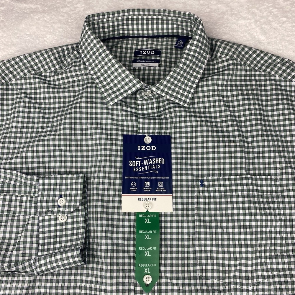 IZOD Soft Washed Essentials Dress Shirt Mens XL 17.5-36/37 Green Checks NWT!‎